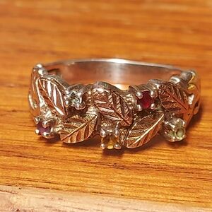 Elegant Black Hills 12 K Gold & Sterling Silver Leaf Ring with 5 Gem Accents
